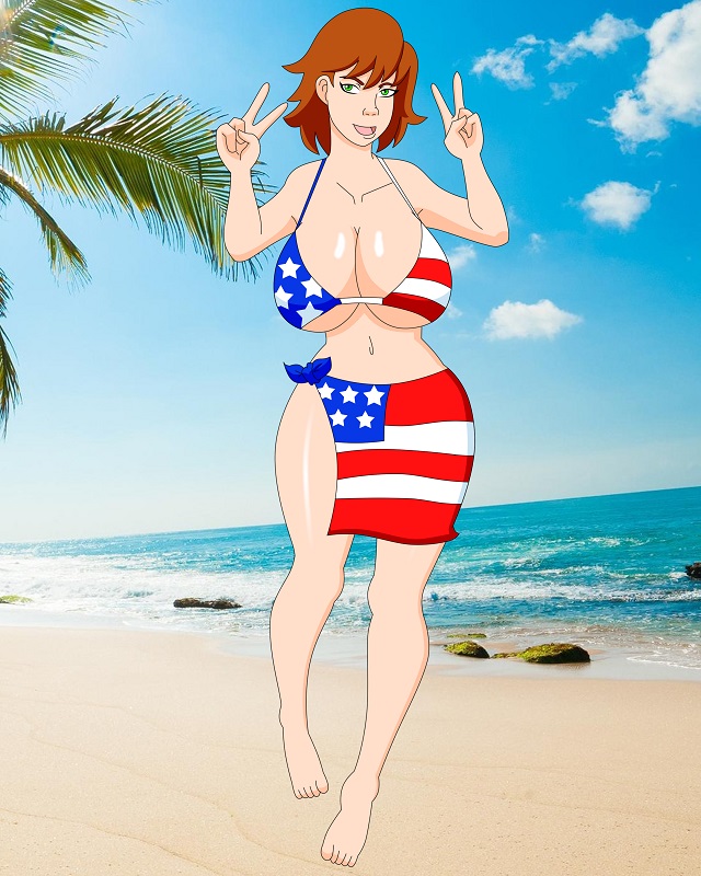 american_flag_bikini american_flag_print beach bikini double_v drnedzed gravity_girl_(drnedzed) ocean palm_tree pervyangel superboobs v