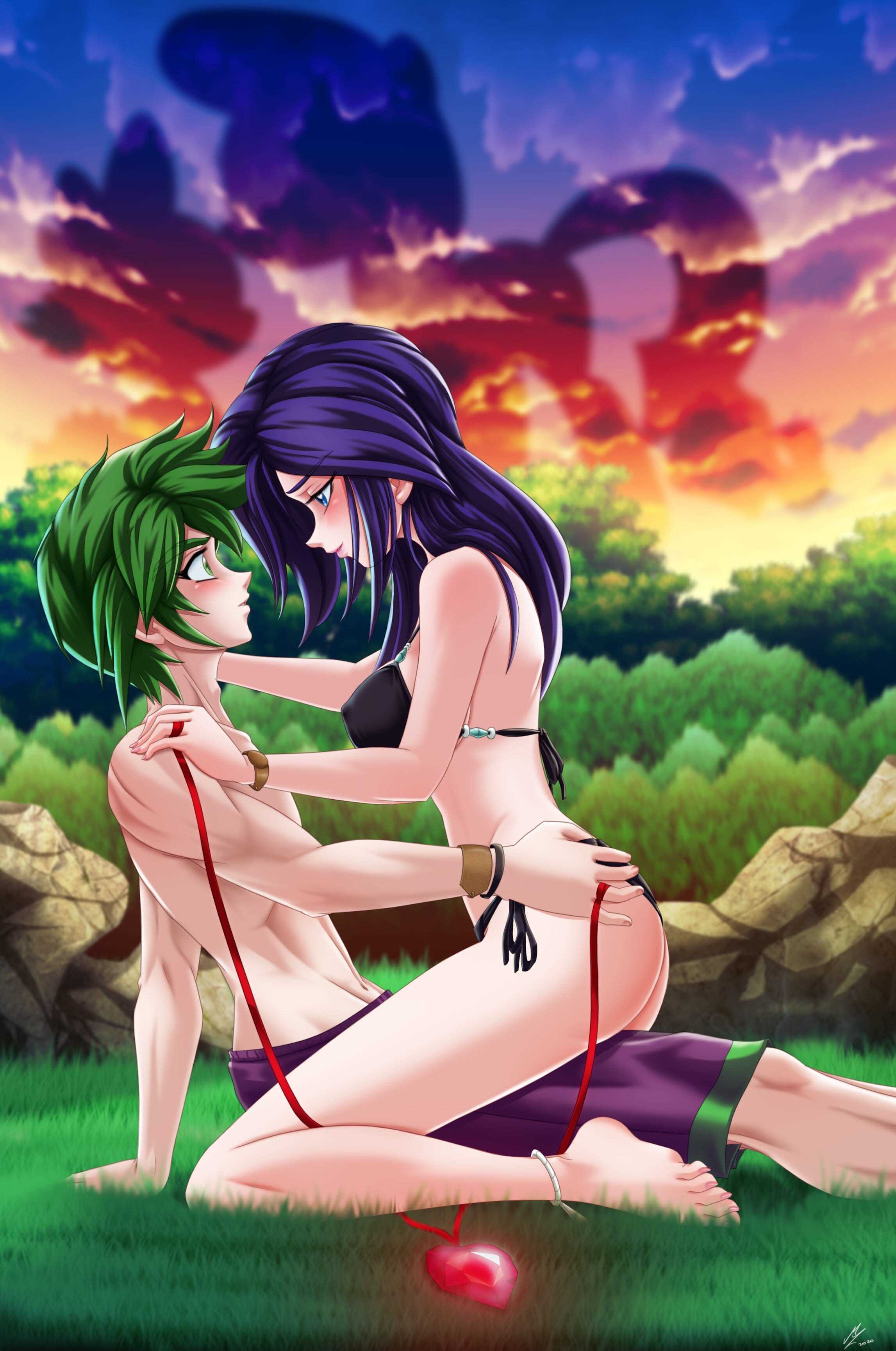 1_boy 1_girl 1boy 1girl ass bikini blue_eyes blush female friendship_is_magic girl_on_top green_eyes green_hair humanized long_purple_hair looking_at_each_other male male/female mostly_nude my_little_pony outdoor outside purple_hair rarity rarity_(mlp) side-tie_bikini side-tie_bikini_bottom spike spike_(mlp)