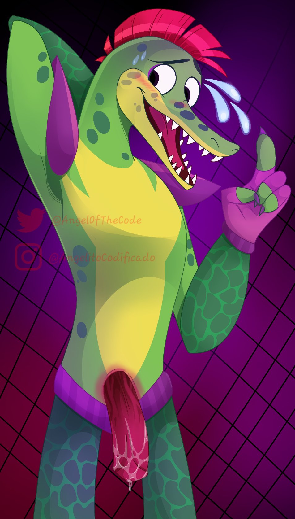 2020 4_fingers abstract_background alligator alligatorid angel_of_the_code animal_genitalia animal_penis anthro belt black_eyebrows black_eyes blush bodily_fluids bottomwear claws clothed clothing crocodile crocodilian cum cum_on_penis embarrassed erection eyebrows fangs five_nights_at_freddy's five_nights_at_freddy's:_security_breach furry gay genital_fluids genital_slit genitals gloves green_body green_nose hair handwear hi_res looking_aside looking_away male male_only mohawk_(hairstyle) montgomery_gator_(fnaf) mostly_nude multicolored_body open_mouth orgasm pants penis presenting presenting_penis purple_background purple_claws purple_eyes raised_arm red_hair red_tongue reptile scalie sharp_claws sharp_teeth short_hair simple_background slit smile solo standing sweat teeth tongue topless vein veiny_penis video_games yaoi