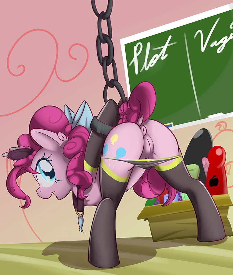 1_girl 1girl anus ass blue_eyes bondage chalkboard cutie_mark earth_pony equestria_girls female female_only friendship_is_magic indoors looking_back mostly_nude my_little_pony panties_around_thighs pinkie_pie pinkie_pie_(mlp) pony presenting_pussy pussy raised_tail solo standing tail