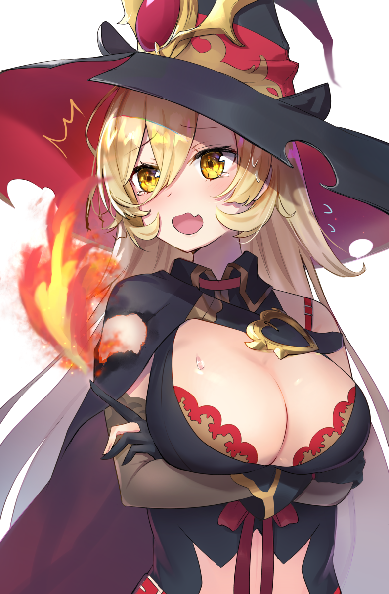 1girl arms_under_breasts bangs black_dress black_gloves blonde_hair blush breast_hold breasts brown_eyes cape cleavage cleavage_cutout crossed_arms detached_sleeves fang fire flying_sweatdrops gloves hair_between_eyes hat large_breasts long_hair nijisanji nui_sociere open_mouth parted_lips partly_fingerless_gloves red_bra simple_background sweat torn_clothes upper_body virtual_youtuber white_background witch_hat yellow_eyes