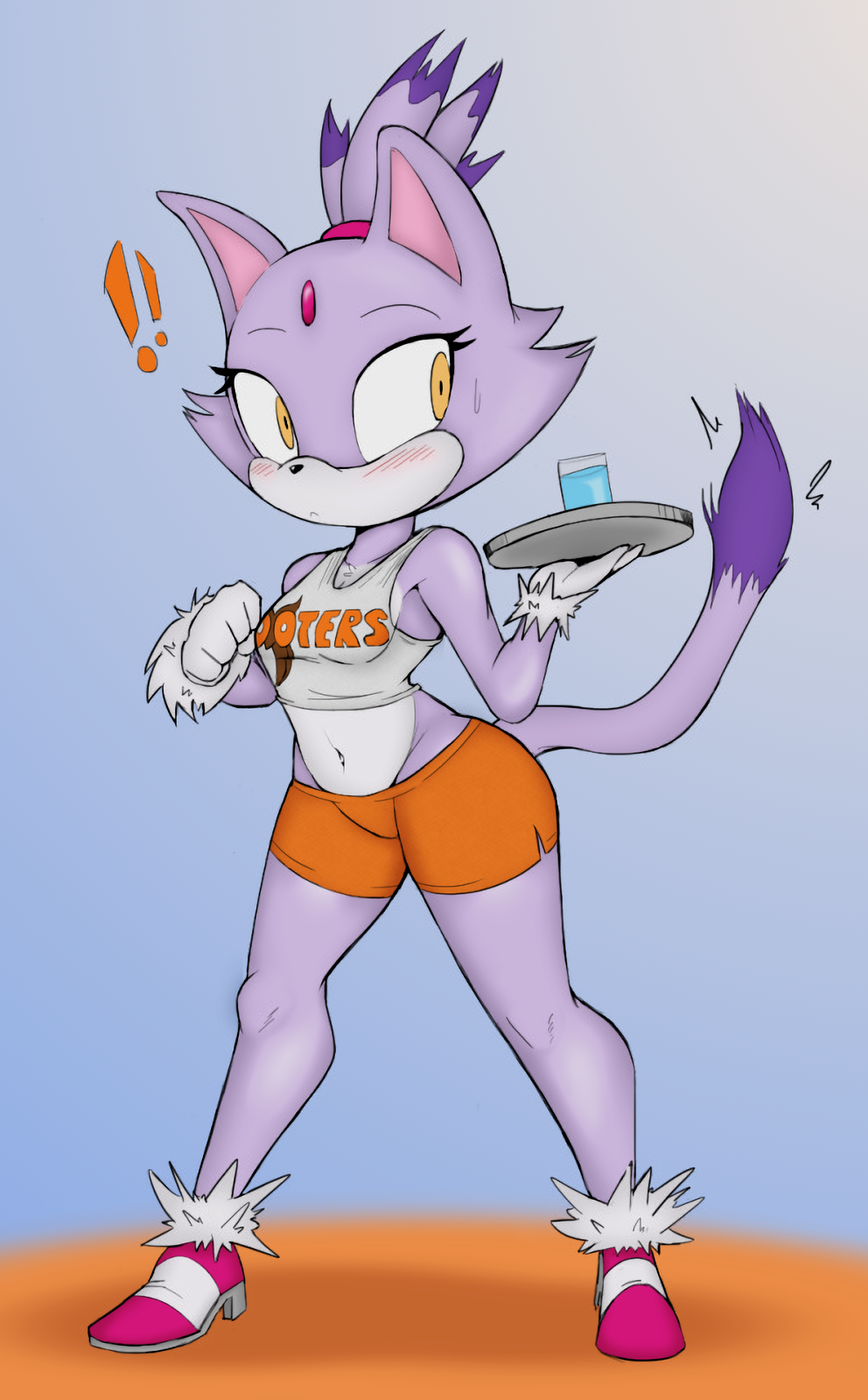 1girl 1girl 2018 anthro blaze_the_cat breasts clothed clothing digital_media_(artwork) edit eyelashes feline front_view fur furry hooters jewelry looking_back mammal ponytail purple_yoshi_draws sega shirt shorts small_breasts standing tight_clothing