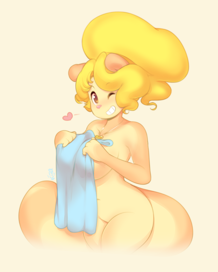 &lt;3 1girl anthro big_breasts blonde_hair breasts brown_eyes covering cream_(miu) female female_only fluffy_tail fur furry grin hair jewelry mammal miu_(artist) multicolored_fur navel necklace one_eye_closed peaches_and_cream rodent smile squirrel tan_fur towel two_tone_fur wide_hips wink