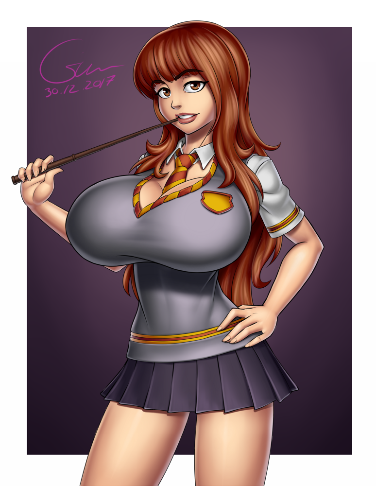 1girl big_breasts breasts cesium cleavage female female_only harry_potter hermione_granger school_girl school_uniform solo wand weapon