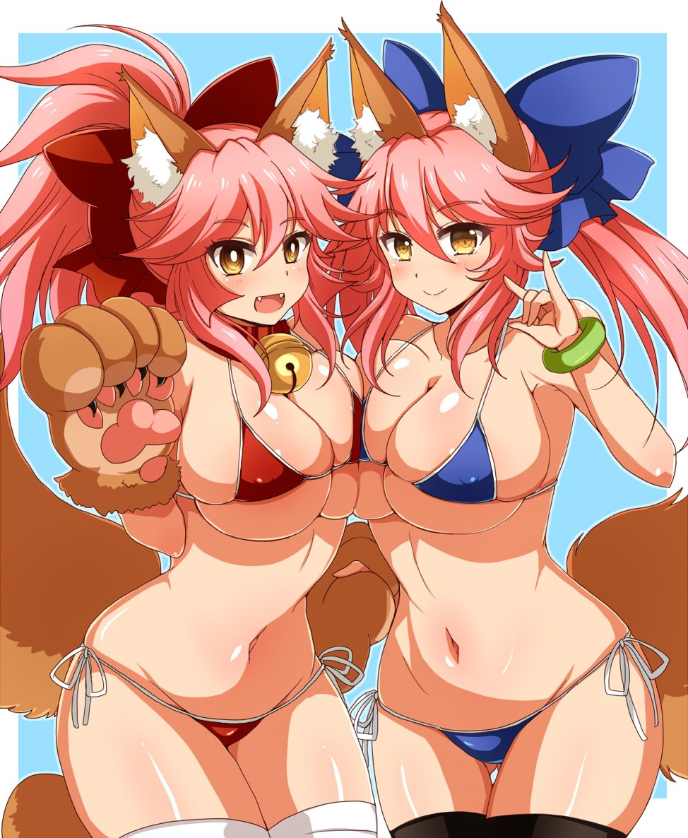 2_girls anime blue_bikini breasts cat_ears cat_tail gold_eyes large_breasts multiple_girls pink_hair red_bikini tail