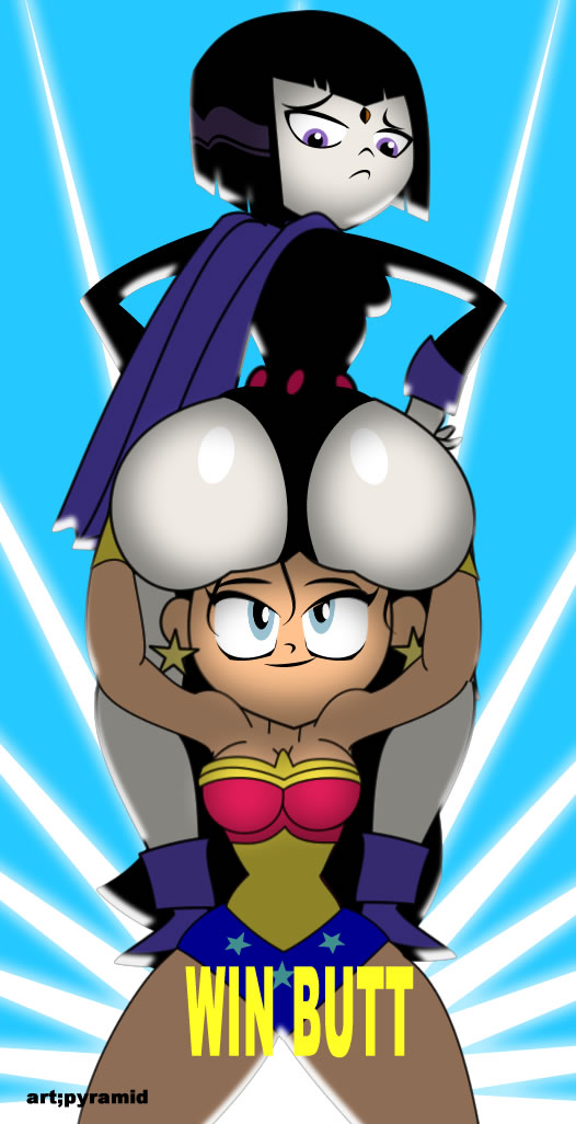 absurdres big_ass breasts carrying dat_ass hands_on_ass looking_at_another looking_back pyramid_(artist) raven_(dc) sitting_on_person teen_titans teen_titans_go wonder_woman
