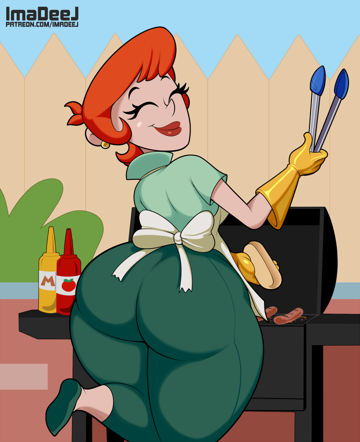 1girl 1girl apron ass barbeque bbq big_breasts bottom_heavy bubble_butt cartoon_milf cartoon_network dexter's_laboratory dexter's_mom earrings fat_ass fat_butt female_focus female_only grill hot_dog imadeej ketchup large_ass large_butt lipstick mature mature_female milf milf mustard red_hair short_hair solo_female solo_focus tagme thick_ass thick_thighs tongs wide_hips