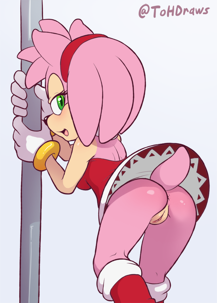 amy_rose anthro anus bare_shoulders bedroom_eyes blush boots bracelet breasts butt female footwear fur gloves green_eyes hairband half-closed_eyes hedgehog looking_back no_panties no_underwear open_mouth pink_fur pole pussy rear_view red_dress seductive sega smile solo sonic_(series) sonic_the_hedgehog_(series) the_other_half tongue upskirt