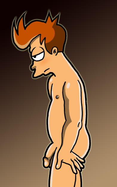 1boy bara brown_hair futurama gradient_background hair half-erect human human_only male male_human male_only nipple nude penis philip_j._fry short_hair solo standing testicles