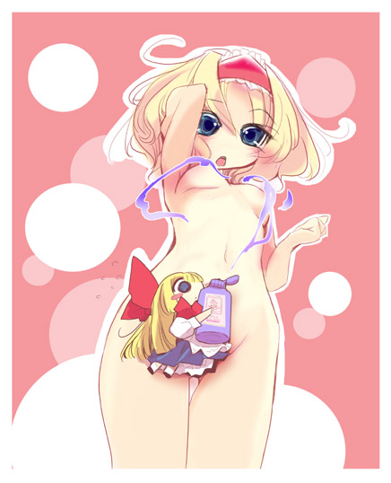 alice_margatroid arm_up blonde_hair blue_eyes blush_stickers bow breasts censored convenient_censoring female from_below hair_bow hairband long_hair no_nose nude open_mouth shanghai shanghai_doll short_hair soap solo standing touhou usoneko