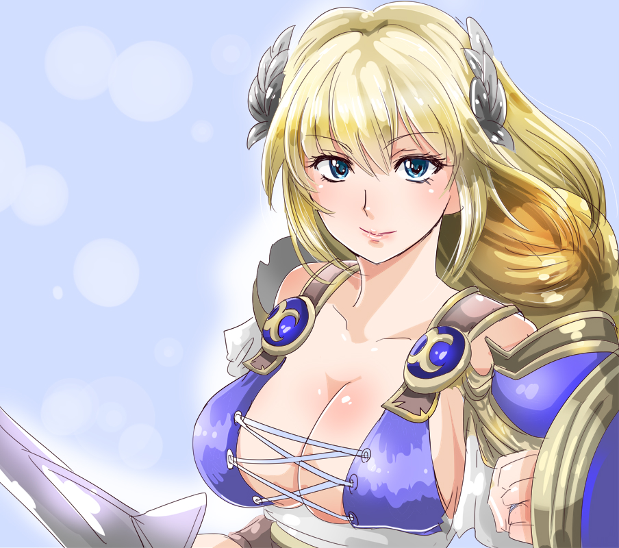 1041_(toshikazu) 1girl alluring armor bangs big_breasts blonde_hair blue_eyes blush braid breasts cleavage closed_mouth collarbone commentary_request cross-laced_clothes dress hair_ornament long_hair milf no_bra pauldrons project_soul shield shoulder_armor silf smile sophitia_alexandra soul_calibur soul_calibur_ii soul_calibur_iii soul_calibur_vi sword weapon