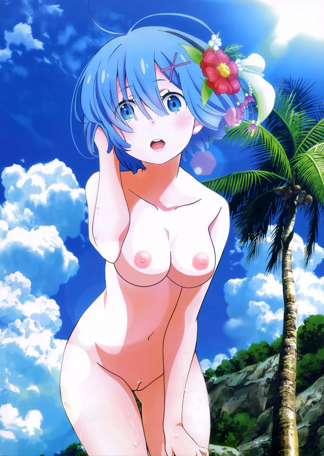 blue_eyes blue_hair blush breasts completely_nude flower flower_on_head flower_ornament fringe hair_flower hair_ornament hand_on_head hand_on_knee hand_on_thigh high_resolution looking_at_viewer medium_breasts navel nipples nude nude_filter open_mouth pale_skin palm_tree photoshop pussy re:zero_kara_hajimeru_isekai_seikatsu red_flower rem_(re:zero) short_hair thigh_gap thighs tree uncensored