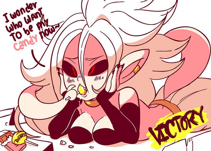 1girl 2018 alien alternate_form android_21 armwear black_sclera breasts candy chocolate clothed clothing diives dragon_ball dragon_ball_fighterz ear_piercing food gif harem_pants humanoid jewelry lavender_hair lollipop majin majin_android_21 not_furry piercing pink_skin red_eyes tube_top video_games