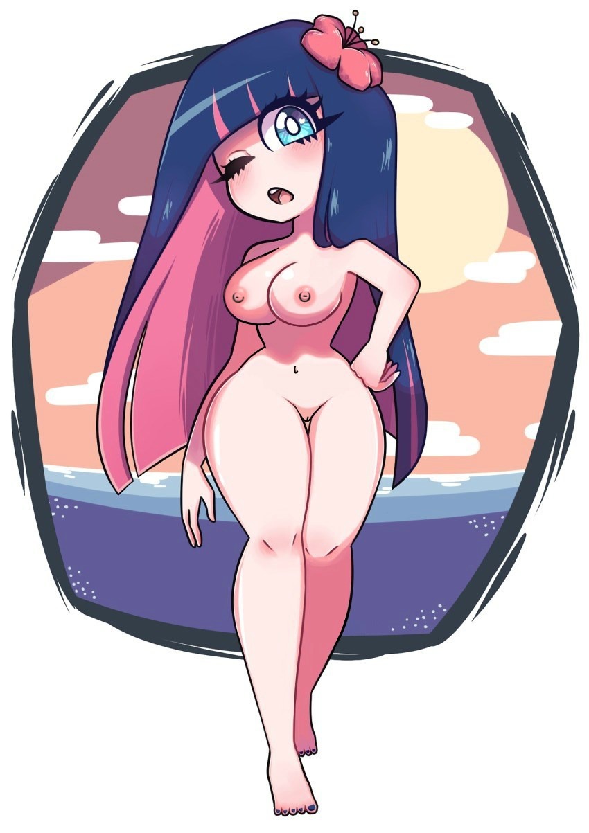 1girl blue_eyes breasts cloud curvy cute hot long_hair looking_at_viewer multicolored_hair nipples nude ocean panty_&amp;_stocking_with_garterbelt pussy sexy stocking_(psg) sun water