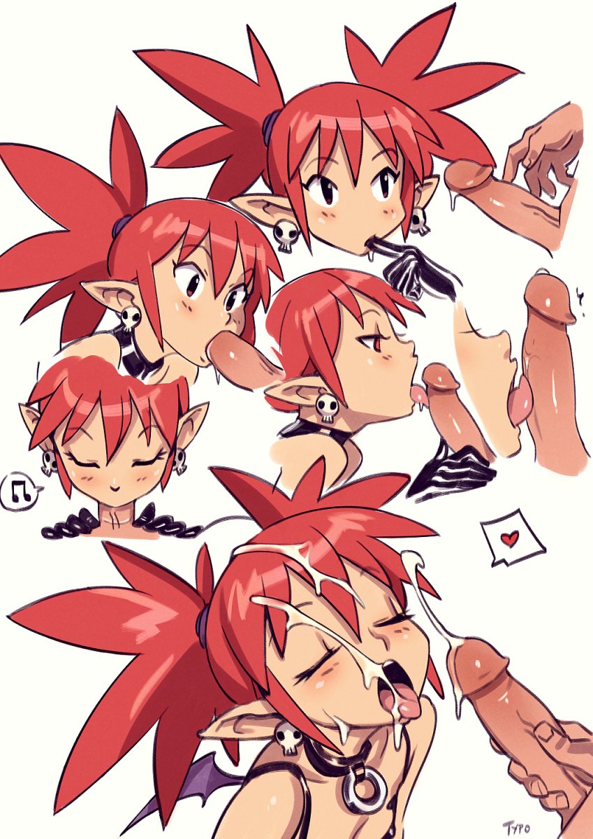 arm_length_gloves artist_name bikini_top closed_eyes collar cum cum_on_face cute demon demon_girl demon_tail disgaea disgaea_(series) etna fellatio finger_in_mouth finger_to_mouth gloves gothic_lolita heart leather_boots leather_gloves licking licking_penis makai_senki_disgaea makai_senki_disgaea_(series) micro_skirt musical_note oral penis pointy_ears red_eyes red_hair semen signature skull_earrings spoken_heart stockings succubus thigh_boots tongue tongue_out typo_(requiemdusk)
