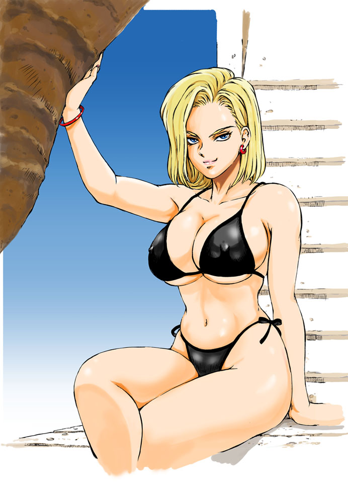 1girl absurdres adjusting_hair android_18 areolae beach blonde_hair blonde_pubic_hair blue_eyes bob_cut breasts cloud collarbone colored_pubic_hair cowboy_shot dragon_ball dragon_ball_z earrings female_pubic_hair groin highres hoop_earrings jewelry kugayama_hodai large_breasts legs naughty_face navel nipples nude ocean outdoors parted_lips pubic_hair sand short_hair sky smile solo standing thighs water