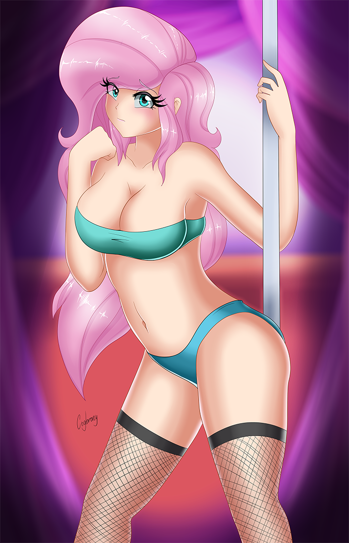 bra cogbrony female fluttershy fluttershy_(mlp) friendship_is_magic humanized long_hair mostly_nude my_little_pony panties pole_dancing stockings