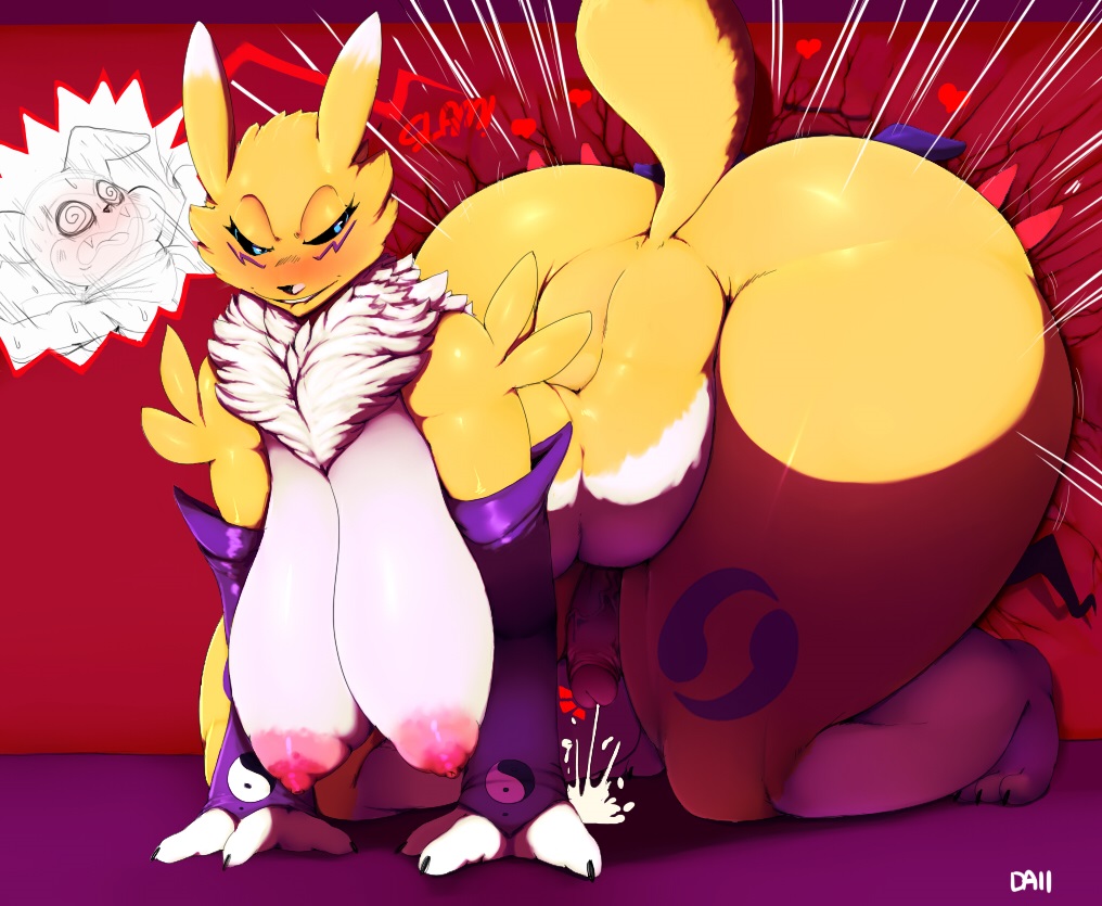 1girl all_fours anthro ass big_ass big_breasts black_sclera blue_eyes blush breasts canine cum cumshot digimon erection fangs fox heart huge_ass impmon male male/female mammal open_mouth orgasm penis renamon sagging_breasts size_difference speech_bubble text vein vhsdaii wide_hips