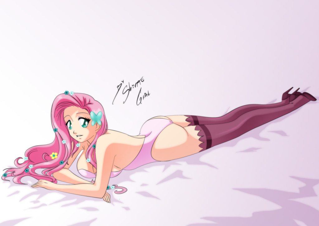 ass female fluttershy fluttershy_(mlp) friendship_is_magic high_heels humanized long_hair looking_at_viewer lying lying_on_stomach my_little_pony partially_clothed stockings underwear