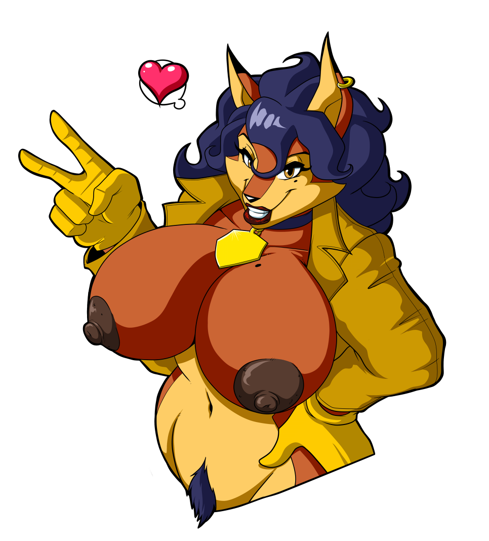 &lt;3 1girl anthro big_breasts breasts canine carmelita_fox clothed clothing collar fox furry gloves lipstick looking_at_viewer lordstevie makeup mammal nipples open_shirt pubes sly_cooper_(series) smile v video_games