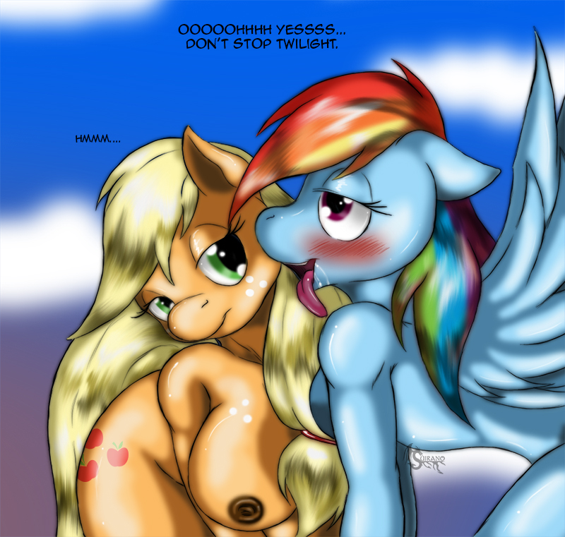 2013 2girls anthro applejack blonde_hair blue_fur blush breasts cute dialog duo english_text equine female female_only freckles friendship_is_magic furry green_eyes hair half-closed_eyes horse multicolored_hair my_little_pony offscreen_character open_mouth orange_fur outside pegasus pony purple_eyes rainbow_hair rarity saliva suirano text tongue wings yuri