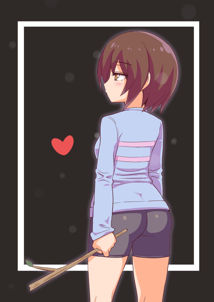 1girl 2010s 2019 2d 2d_(artwork) amber_eyes back_view bike_shorts black_background brown_hair cougar1404 digital_media_(artwork) facing_away female female_frisk female_human female_only frisk frisk_(undertale) fully_clothed hair heart human human_only simple_background solo solo_female solo_human stick sweater tight_clothing undertale undertale_(series) video_game_character video_games