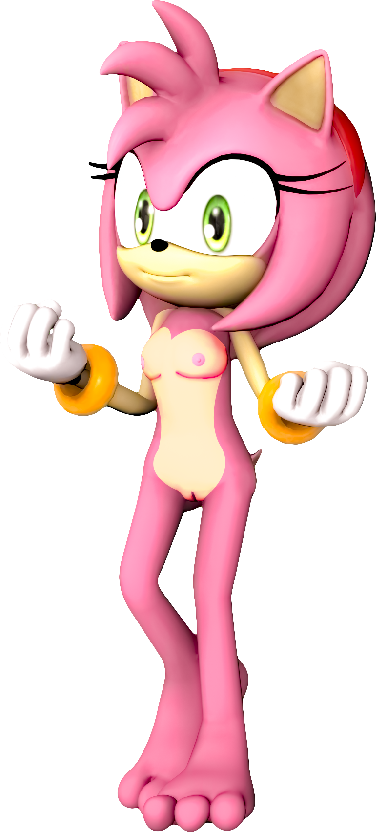 1girl 3d 3d_(artwork) 5_fingers amy_rose anthro barefoot black_nose breasts eyelashes feet fingers gloves green_eyes hair headband hedgehog navel nipples nude pink_body pink_hair png pussy rarequinez sega small_breasts sonic_the_hedgehog_(series) standing tan_body