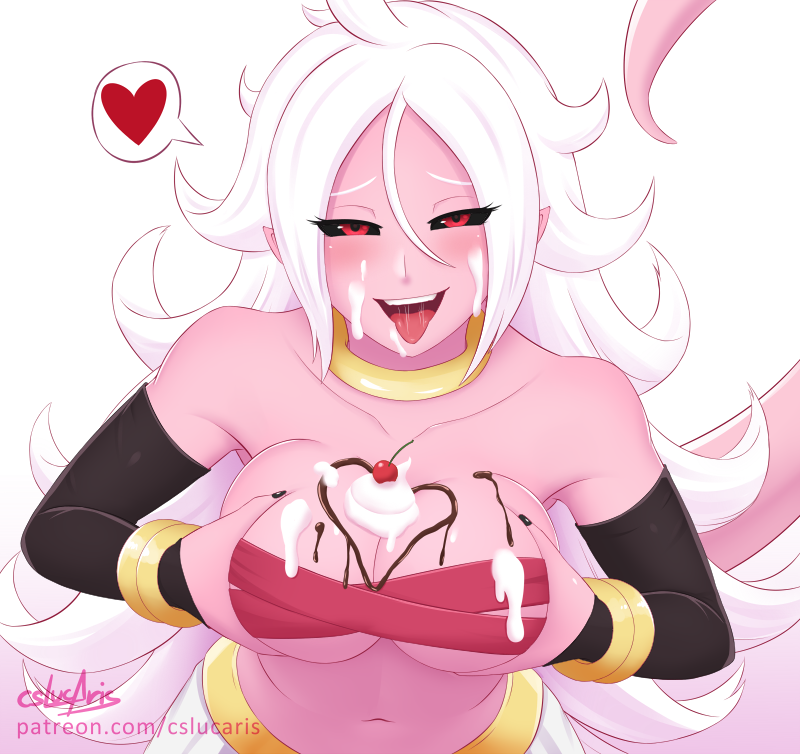 &lt;3 1girl ahegao android_21 armwear big_breasts black_sclera breasts candy cherry_(fruit) chocolate clothing covered_breasts cslucaris dragon_ball dragon_ball_super food fruit hair holidays invalid_tag jewelry lavender_hair looking_at_viewer looking_pleasured majin_android_21 messy not_furry pink_skin red_eyes simple_background suggestive valentine's_day whipped_cream white_hair