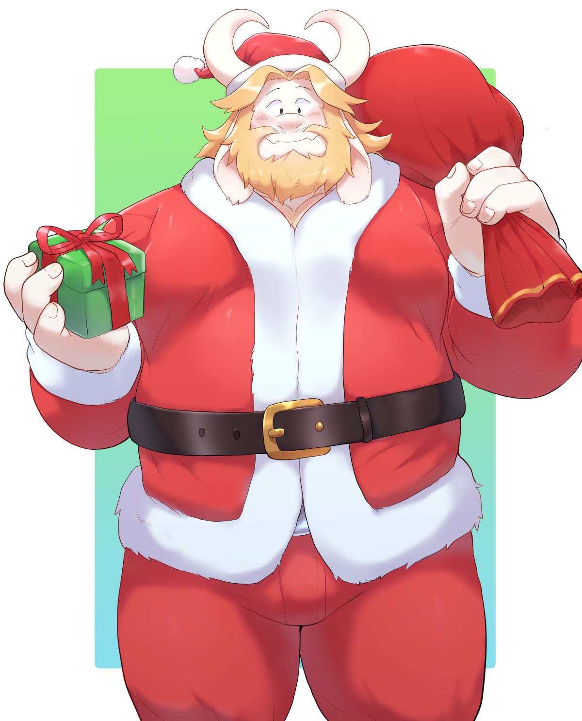 1boy 2020s 2022 2d 2d_(artwork) anthro anthro_only asgore_dreemurr bag bara belly big_belly blush boss_monster bovid bovine bulge caprine carrying_bag christmas christmas_clothing christmas_headwear clothed clothing cute digital_media_(artwork) dilf facial_hair fully_clothed furry furry_only gift gift_box goat happy hat headgear headwear high_res holidays looking_at_viewer looking_down male male_anthro male_only mammal monster moobs o-ro overweight overweight_male santa_bag santa_costume santa_hat santa_outfit solo solo_anthro solo_male standing third-party_source undertale undertale_(series) video_game_character video_game_franchise video_games