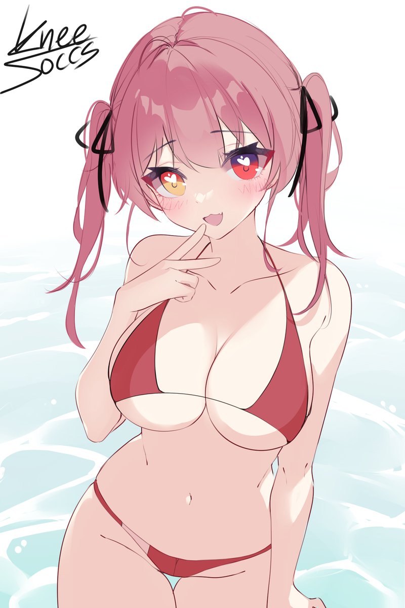 1girl 1girl artist_name big_breasts bikini black_ribbon blush breasts finger_to_mouth hair_ribbon heart heart-shaped_pupils heterochromia high_res hololive houshou_marine houshou_marine_(4th_costume) kneesoccs long_hair looking_at_viewer official_alternate_costume open_mouth red_bikini red_eyes red_hair ribbon smile string_bikini swimsuit symbol-shaped_pupils twin_tails under_boob virtual_youtuber water white_background yellow_eyes