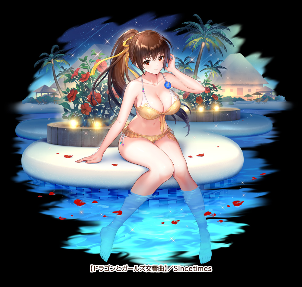 1girl 1girl arm_support bare_arms bare_shoulders barefoot big_breasts bikini bow bowtie breasts brown_eyes brown_hair cleavage closed_mouth collarbone commentary_request dead_or_alive dead_or_alive_2 dead_or_alive_3 dead_or_alive_4 dead_or_alive_5 dead_or_alive_6 dead_or_alive_xtreme dead_or_alive_xtreme_2 dead_or_alive_xtreme_3_fortune dead_or_alive_xtreme_beach_volleyball flower gel_(chiericyan) hand_up hibiscus kasumi kasumi_(doa) long_hair looking_at_viewer navel night night_sky official_art palm_tree partially_submerged petals ponytail pool simple_background sitting sky smile sparkle stomach swimsuit the_symphony_of_dragon_and_girls thighs toes tree water