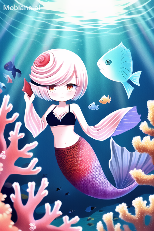 1girl ai_generated artificial_intelligence bare_arms bare_midriff bare_shoulders belly_button bikini bikini_top black_bikini black_bikini_top blush breasts cleavage coral coral_reef fish medium_breasts mermaid mermaid_girl mermaid_tail midriff mobians.ai navel ocean red_eyes red_highlights sage_(sonic) sea sega sonic_(series) sonic_frontiers sonic_the_hedgehog_(series) underwater water white_hair