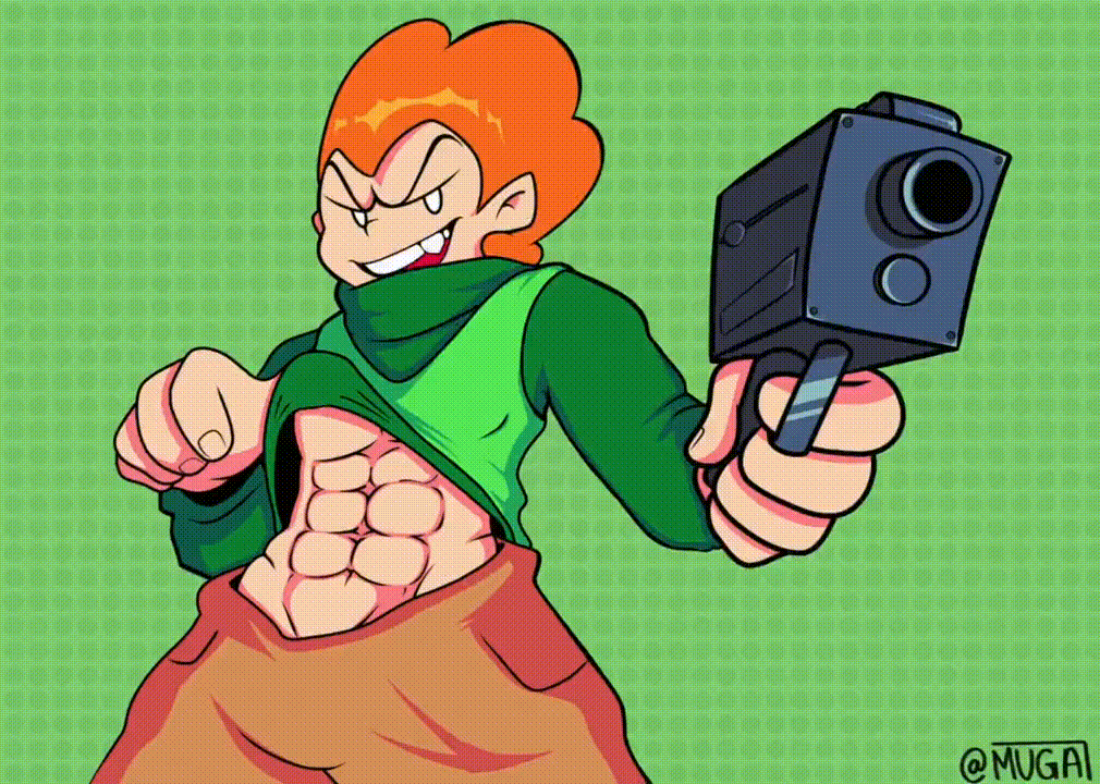 1boy 2d 2d_(artwork) abs animated artist_name buff digital_media_(artwork) flashing friday_night_funkin gif ginger green_background gun human human_only loop male male_focus male_only muga_(artist) muscular newgrounds pico's_school pico_(newgrounds) simple_background solo_focus solo_human solo_male video_game_character video_games