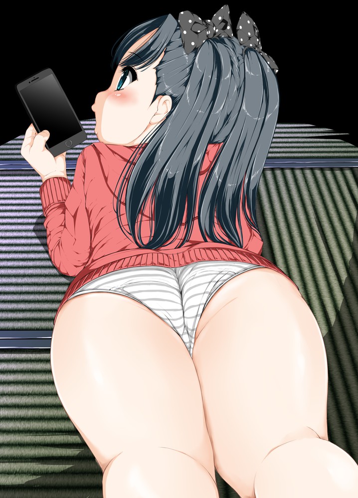 ass bed black_hair blushing bow laying_down phone surprised teen underwear