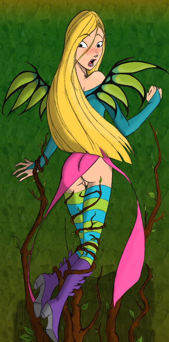 1girl ass blonde_hair clothed colored cornelia_hale female long_hair looking_back no_panties pussy restrained stockings vines vkyrie w.i.t.c.h. wings