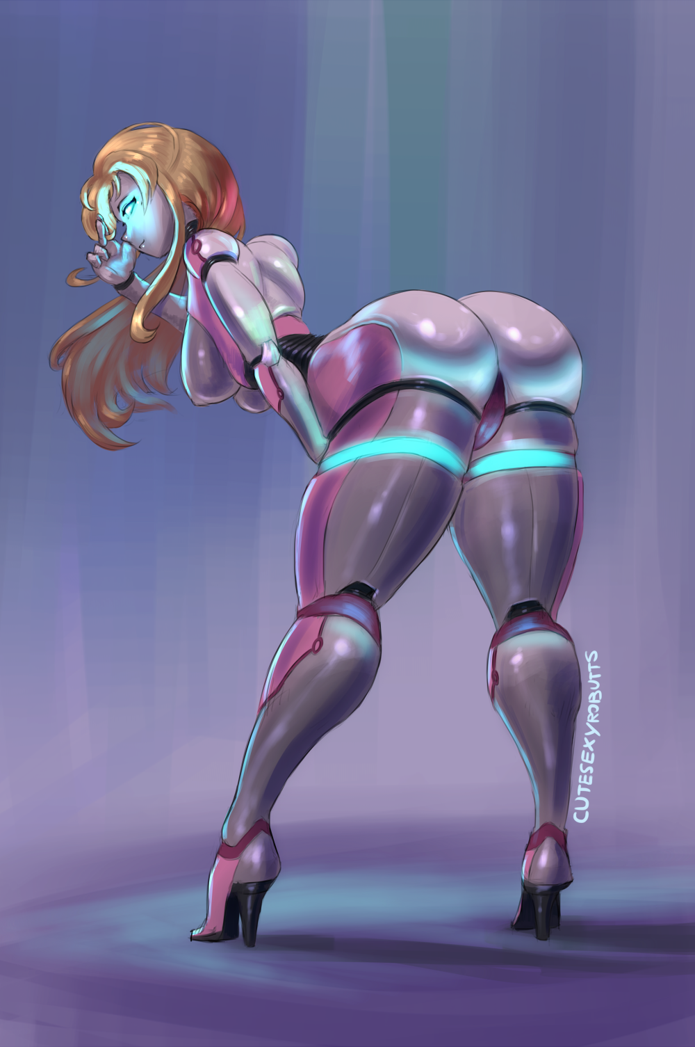 1girl arched_back ass bent_over blonde_hair blue_eyes cutesexyrobutts glowing_eyes large_ass long_hair original shiny shiny_skin sideboob standing thick_thighs thighs
