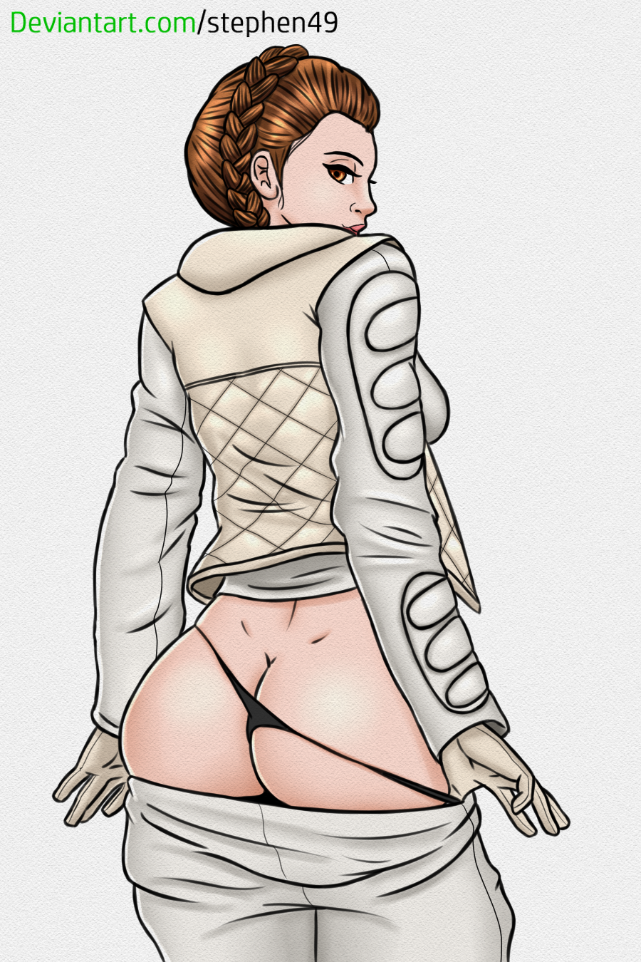 1girl ass breasts empire_strikes_back female female_only human human_only looking_back panties panties_pull pants pants_down partially_clothed princess_leia_organa solo star_wars stephen49 thong