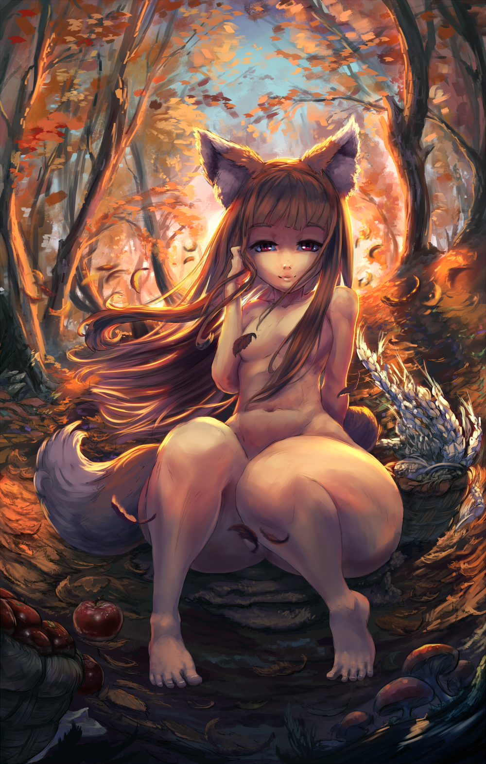 1girl 1girl animal_ears animal_tail breasts brown_hair convenient_censoring cutesexyrobutts holo long_hair looking_at_viewer navel nude outside sitting spice_and_wolf thick_thighs thighs wide_hips wolf_ears wolf_tail
