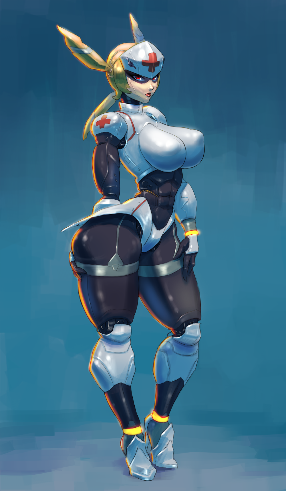 1girl abs arms_behind_back breasts cutesexyrobutts garter_straps gradient_background huge_breasts inverted_nipples large_areolae looking_at_viewer pixel pixel_(zero_divide) puffy_nipples red_cross red_eyes robot_girl shiny shiny_skin standing thick_thighs thighs wide_hips zero_divide
