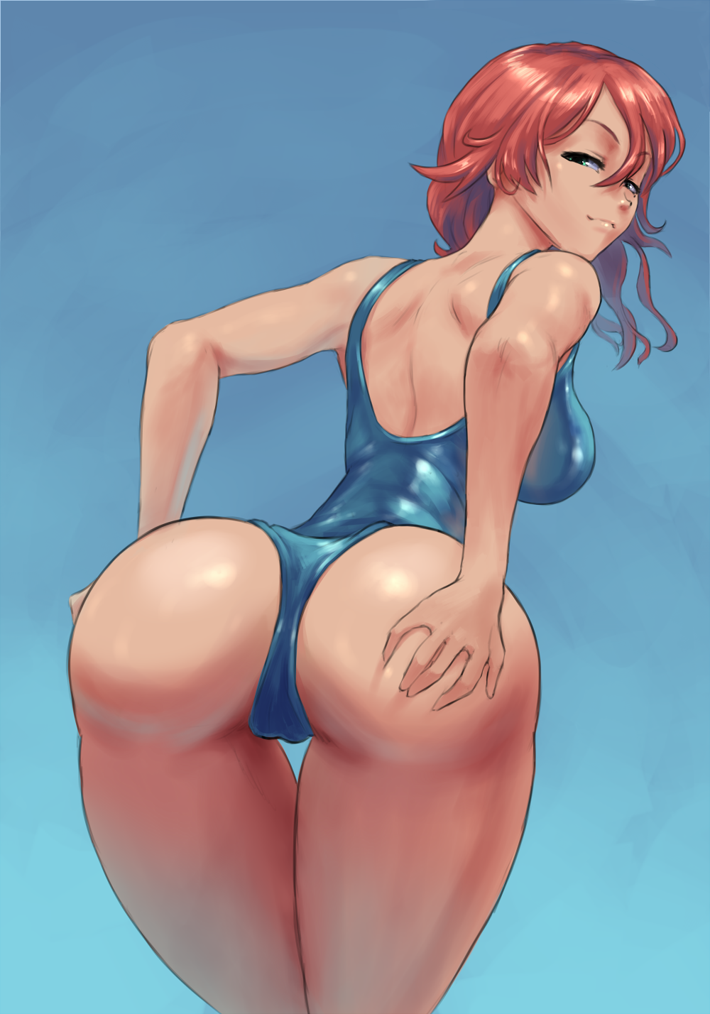 1girl arched_back ass ass_grab cutesexyrobutts gradient_background kimi_no_iru_machi long_hair looking_at_viewer looking_back one-piece_swimsuit red_hair rin_eba shiny_clothes swimsuit thigh_gap thighs wide_hips