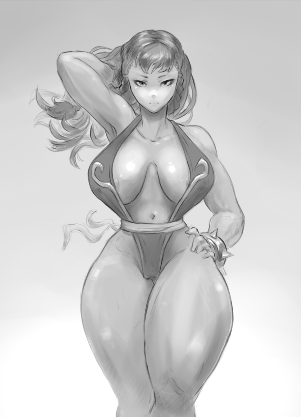 1girl alternate_costume areola areolae_slip arm_behind_head big_breasts breasts capcom chun-li cleavage collarbone cutesexyrobutts dress gradient_background hand_on_hip long_hair looking_at_viewer monochrome navel standing street_fighter thick_thighs thighs wide_hips