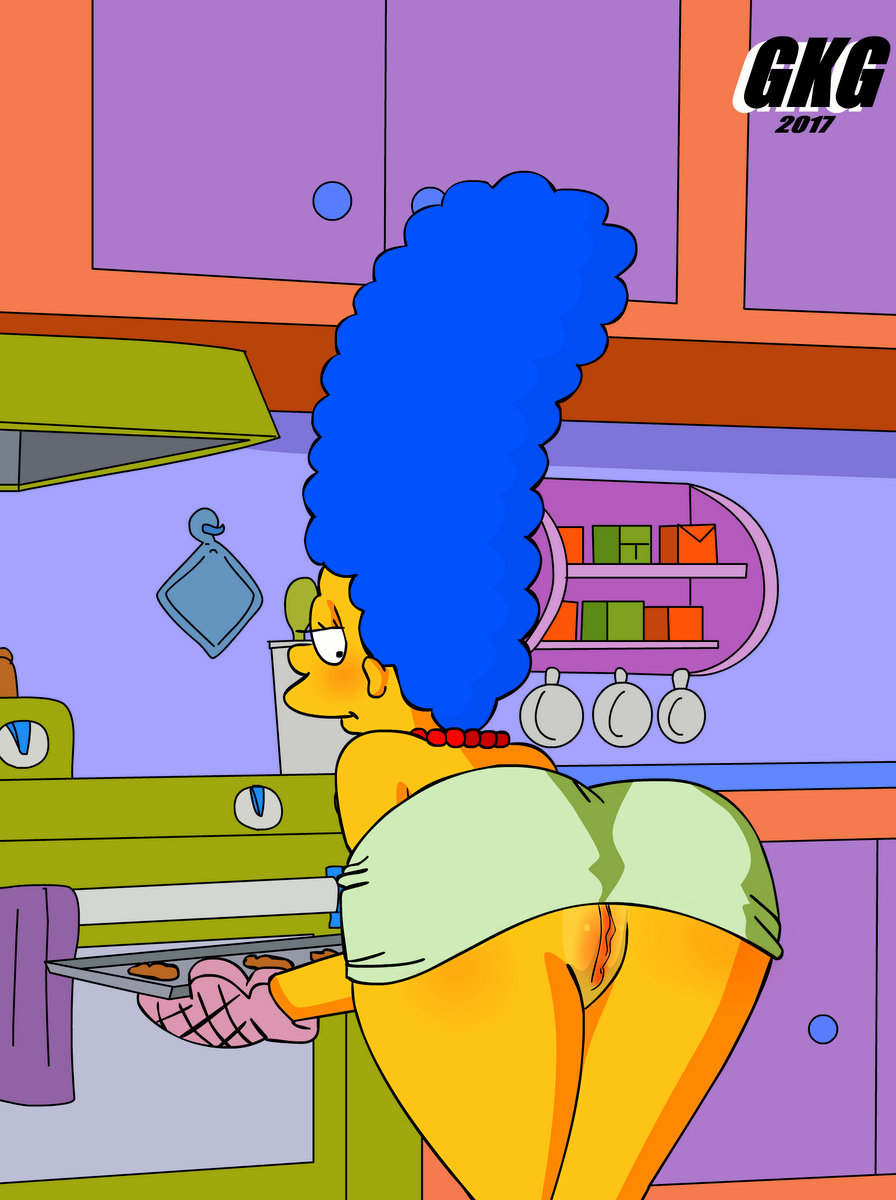 1girl ass bent_over big_ass blush clothed clothing dress female female_only gkg hips human jewelry kitchen marge_simpson mature mature_female milf miniskirt mother necklace oven_mitts parent pussy shaved_pussy smile the_simpsons thighs yellow_skin