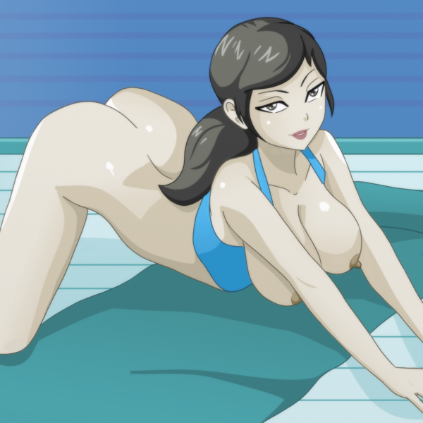 1girl all_fours areola areolae ass bottomless breasts_out breasts_out_of_clothes breasts_outside exercise hanging_breasts lipstick looking_at_viewer naked_from_the_waist_down nintendo nipples ponytail shablagooo stretch stretching tagme wii_fit wii_fit_trainer yoga_mat