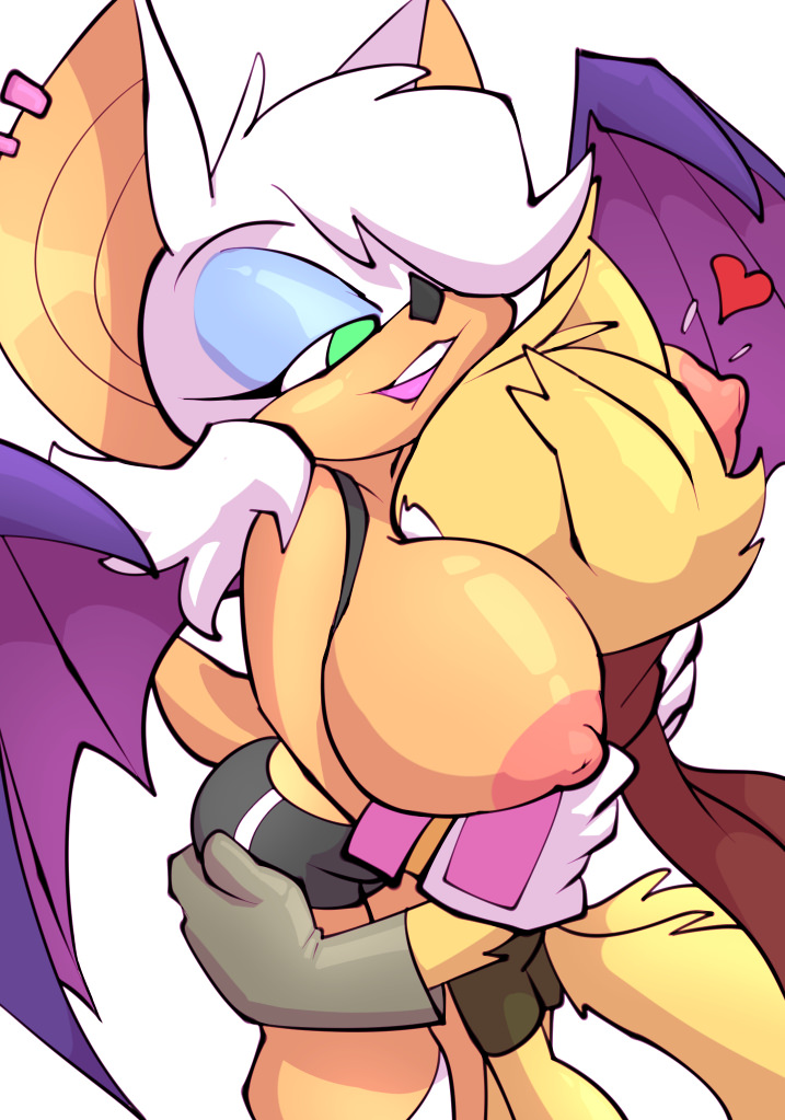 &lt;3 1girl anthro bat big_breasts bigdad breasts canine chibi clothed clothing duo exposed_breasts fox furry makeup male male/female mammal miles_"tails"_prower nipples rouge_the_bat sega smile wings