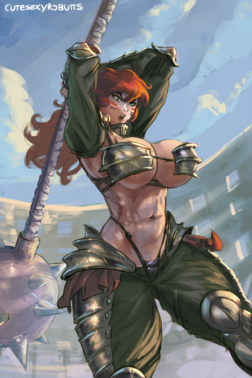 1girl 1girl abs armpit big_breasts breasts cutesexyrobutts day highleg_panties highleg_thong long_hair midriff navel nude open_mouth original outside panties red_hair standing thick_thighs thighs thong toned under_boob war_paint wavy_hair weapon wide_hips