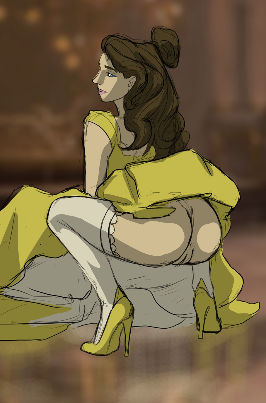 1girl ass beauty_and_the_beast breasts brown_hair clothed crouching disney dress dress_lift female female_only high_heels looking_back no_panties princess_belle stockings