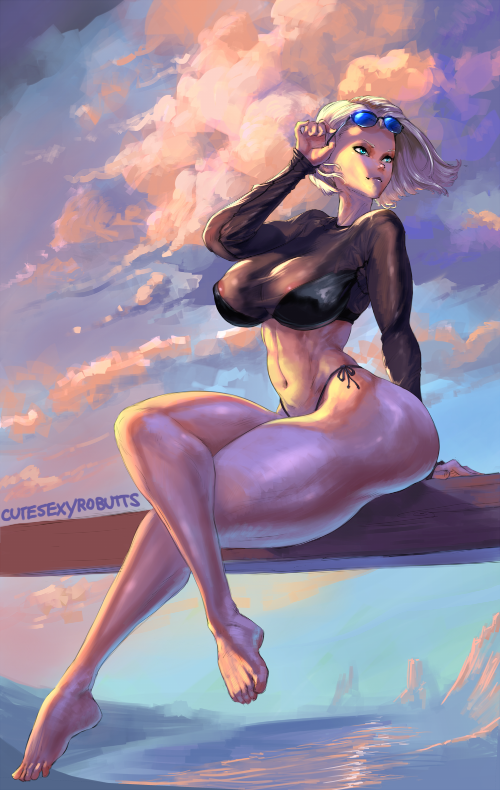 1girl 1girl abs android_18 areola big_breasts black_clothes blonde_hair breasts cutesexyrobutts dragon_ball_z green_eyes highleg_panties navel panties shiny shiny_skin short_hair side-tie_panties sitting thick_thighs thighs toned transparent_clothing wide_hips