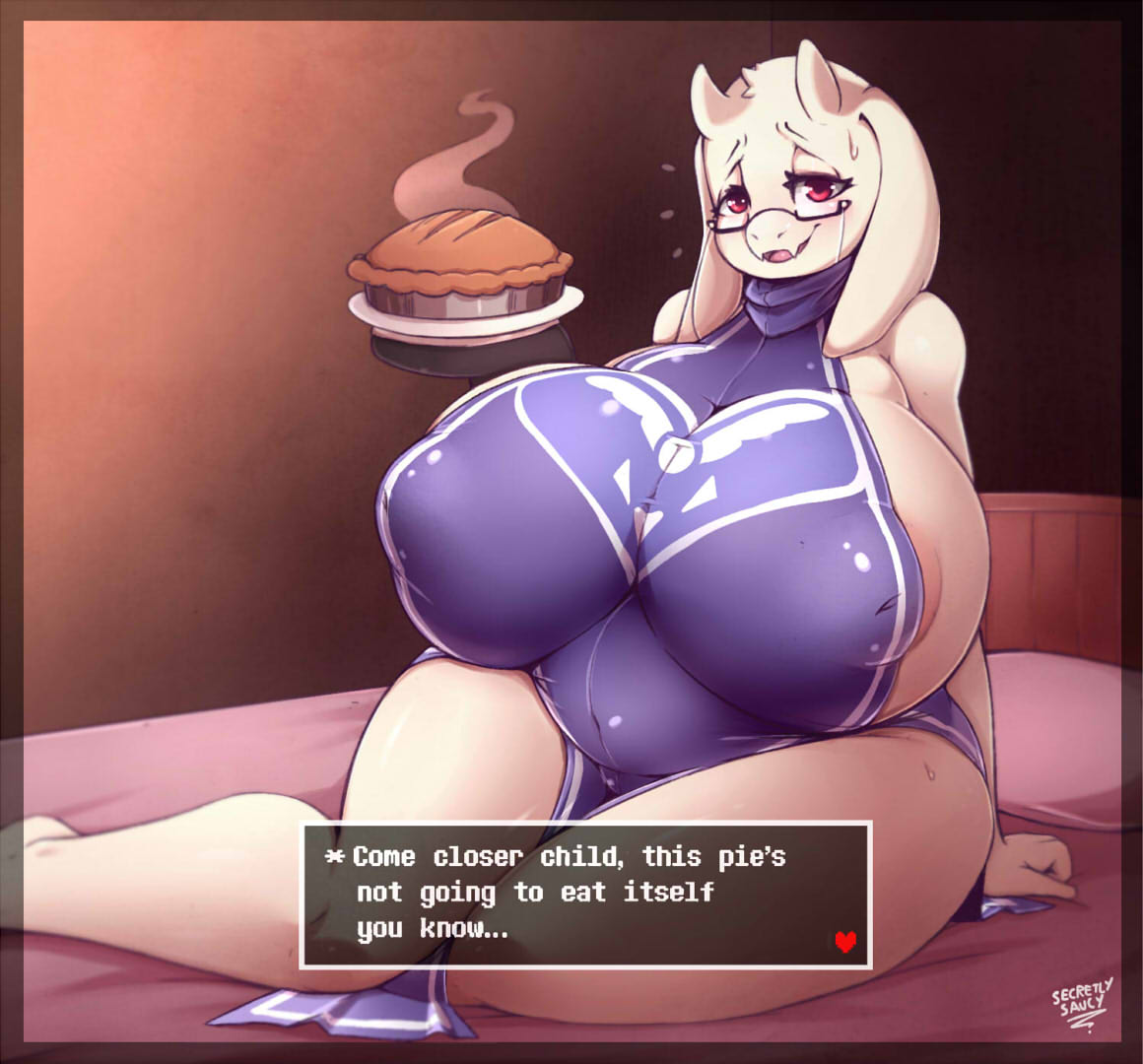 1girl 1girl 2018 anthro areola big_breasts boss_monster breasts caprine clothing dialogue digital_media_(artwork) english_text eyewear food furry glasses goat holding_food holding_object horn huge_breasts long_ears looking_at_viewer mammal overweight overweight_female pie secretly_saucy text thick_thighs toriel undertale video_games