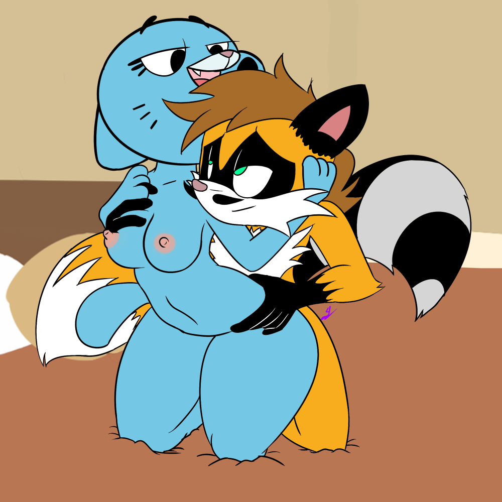 1girl ambiguous_penetration anthro bed blue_fur breasts canine cartoon_network fourball fox fur furry male male/female mammal milf nicole_watterson nipples nude parent penetration teeth the_amazing_world_of_gumball tongue