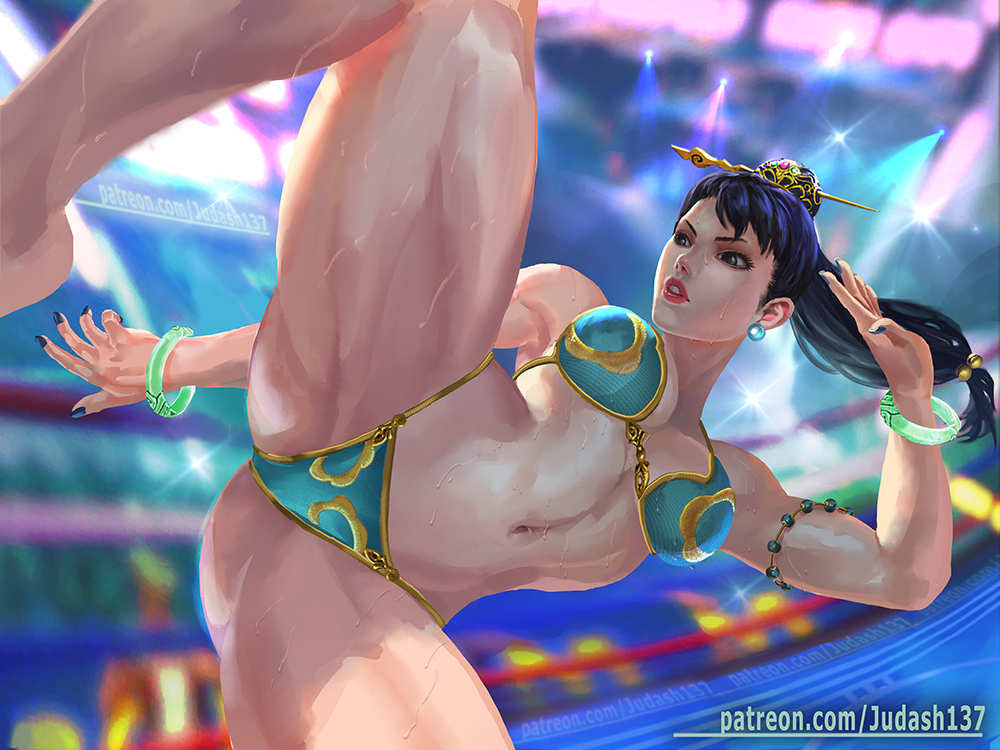 1girl armpits big_breasts bikini black_hair bracelet breasts brown_legwear capcom china_dress chinese_clothes chun-li cleavage collarbone dress earrings fantasy fighting_stance jewelry judash137 kicking light-skinned_female light_skin long_hair looking_at_viewer open_mouth parted_lips pelvic_curtain puffy_sleeves sash short_hair side_slit street_fighter sweat swimsuit thick_thighs thighs toned wet
